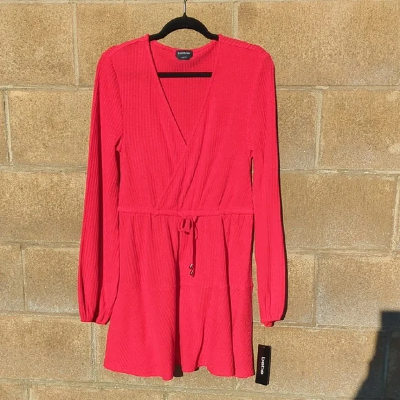 Bebe Surplice Neck Flare Knit Dress Red Medium NWT
